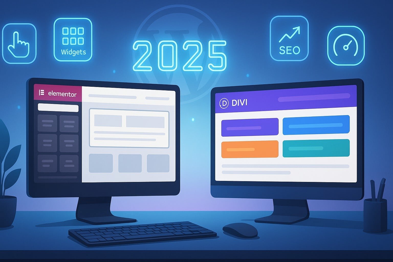 Elementor vs Divi page builder comparison in 2025 workspace