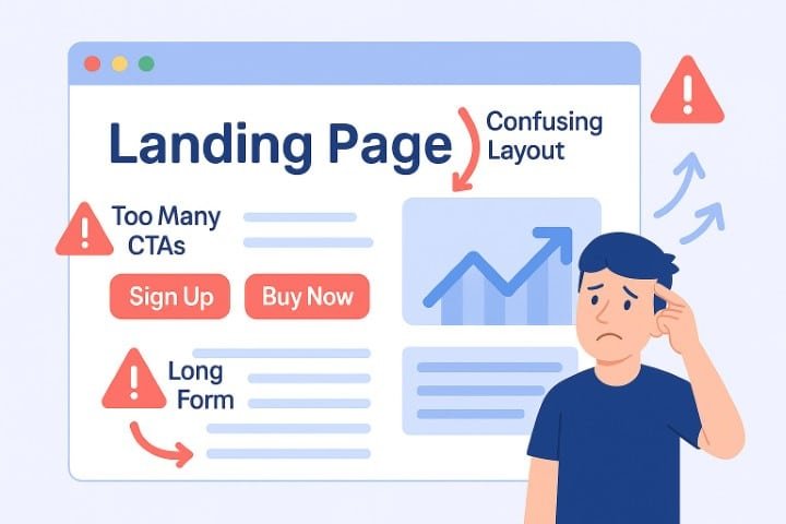 Landing page with red flags showing multiple CTAs, long forms, and cluttered design causing user confusion