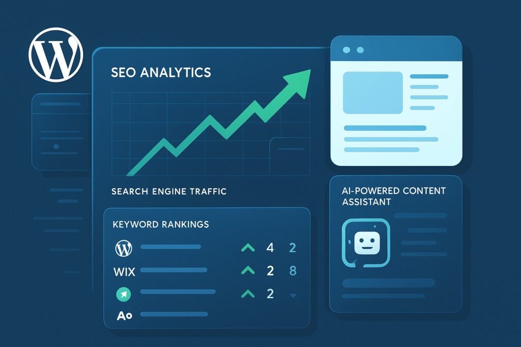 WordPress dashboard with rising SEO traffic graphs and AI SEO suggestions.