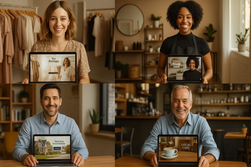 Collage of small business owners using WordPress websites across industries.