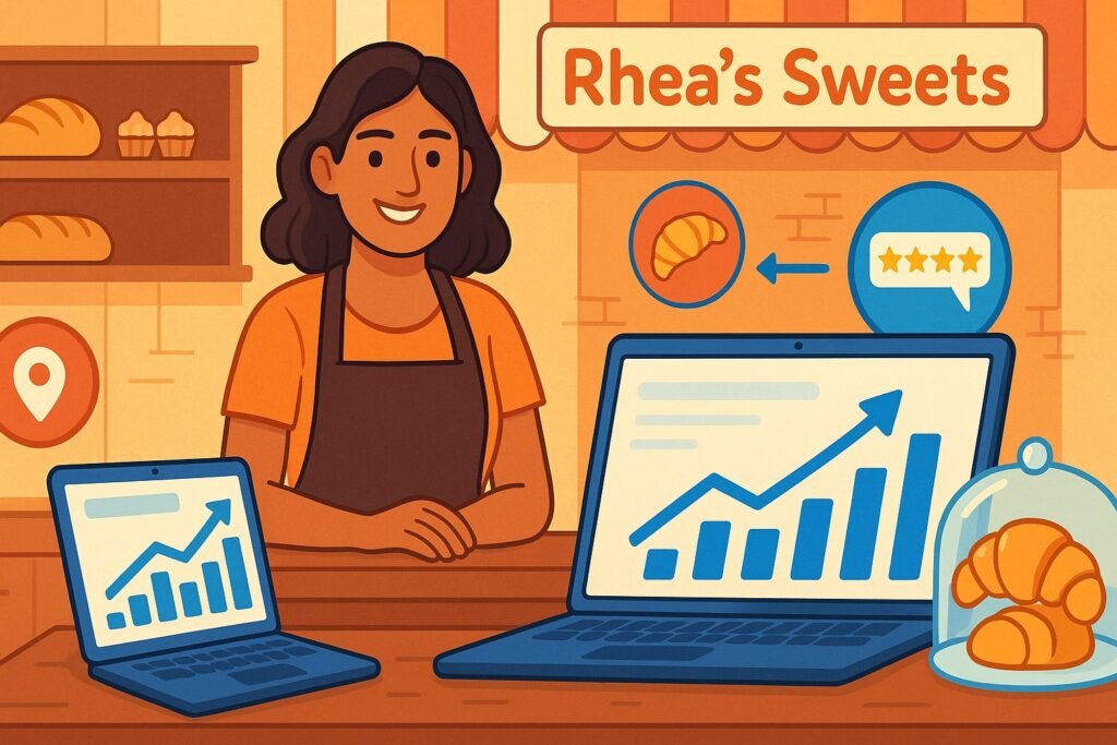 Illustration of a small Indian bakery using SEO tools and celebrating online traffic growth.